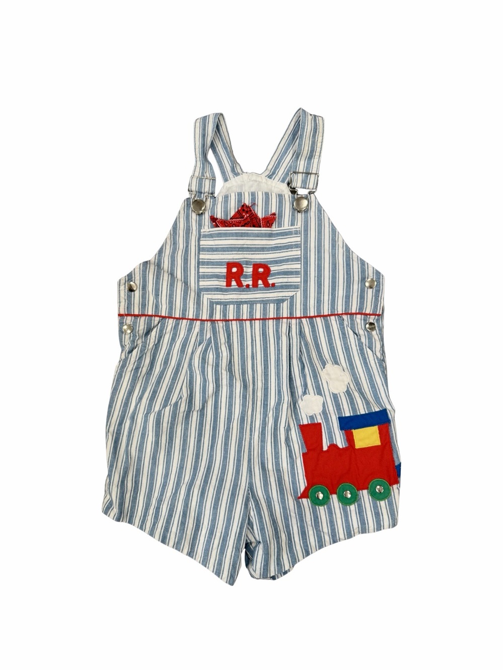 Charming Vintage Baby Boys Vintage Train Conductor Overalls with Train Appliqué